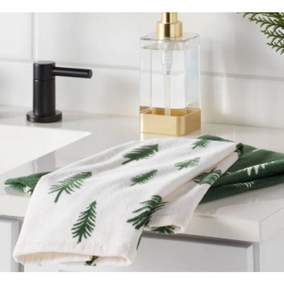 New 2 pk Wondershop Christmas Scattered Tree Forest Green & off White hand towel - Picture 2 of 5